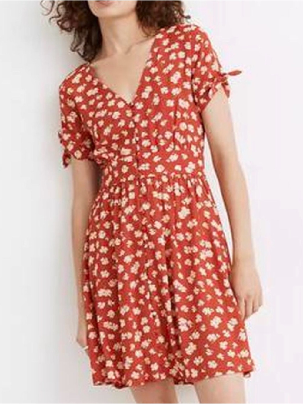 Madewell Happy Hibiscus Button-Front Tie-Sleeve Retro Dress, Red-Orange Floral S